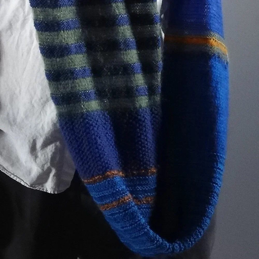 Hand Knit Striped Infinity Scarf, Cobalt Blue/Olive Multi